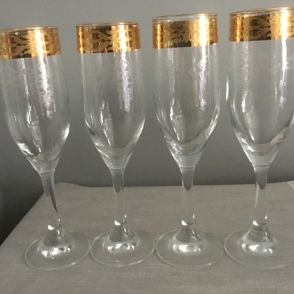 Cellini Gold Etched Rim Champagne Flutes Made in Italy Set of 4 - Picture 1 of 2